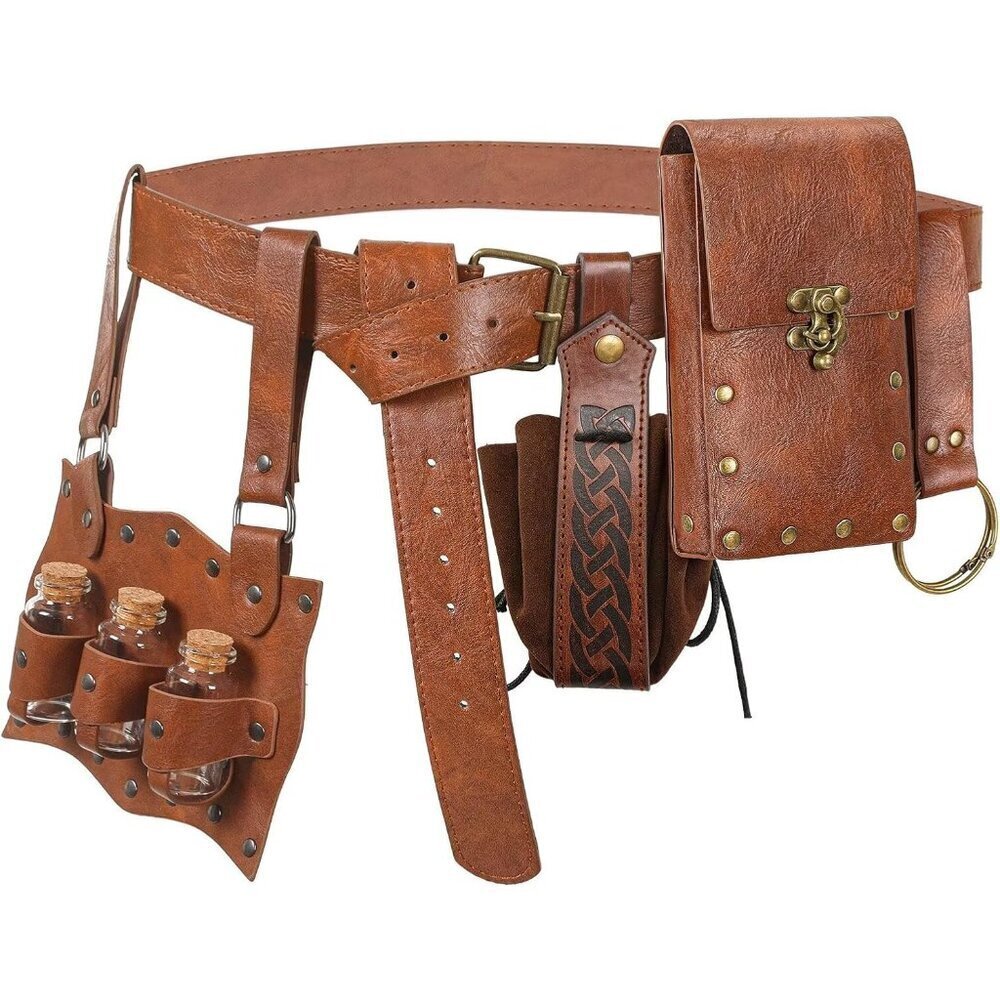 Medieval Fake Leather Belt Pouch with Potion Bottles for Ren Fair Cosplay